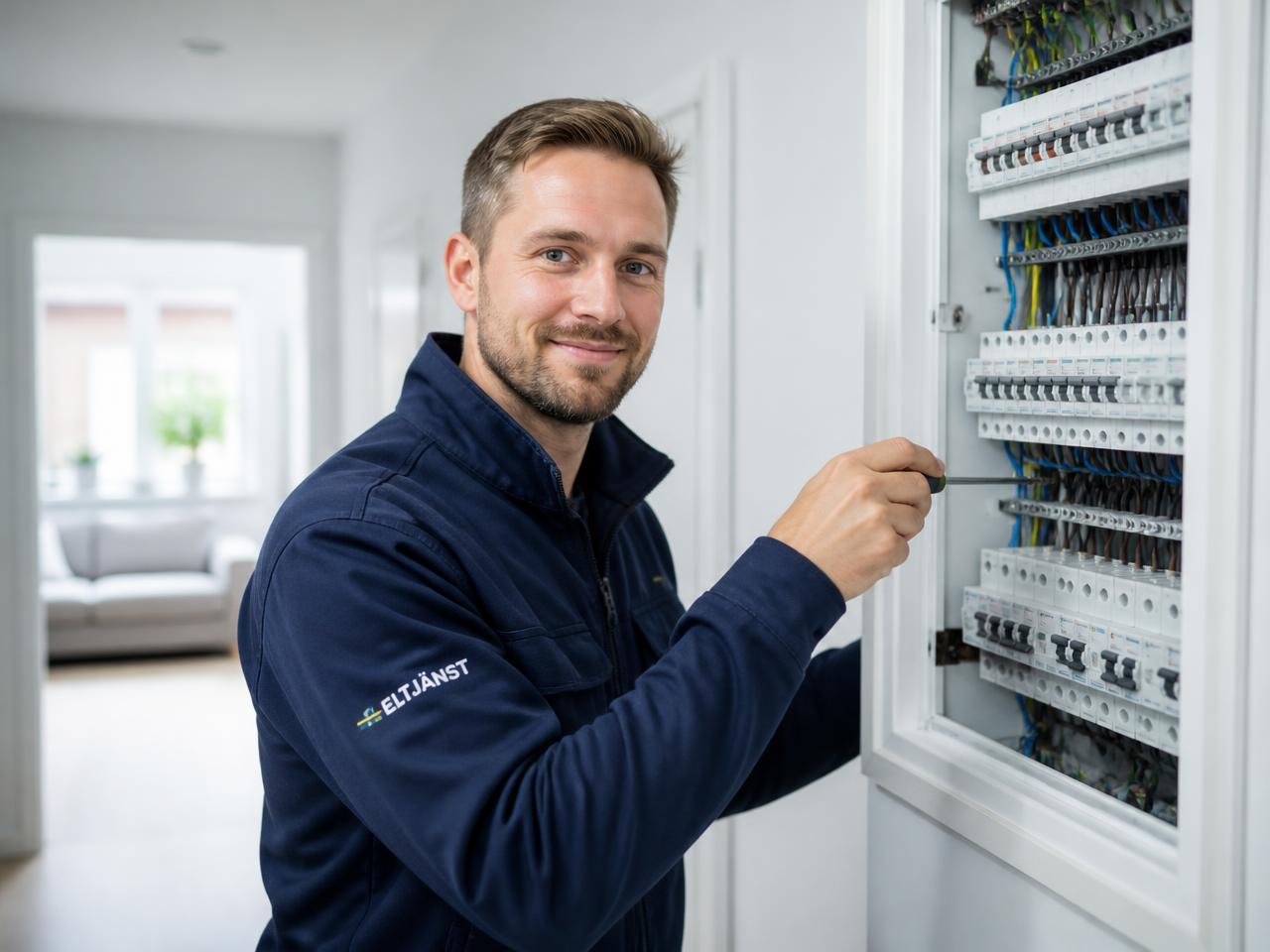 Elektriker från Eminent Service Stockholm arbetar med en elcentral i en ljus bostad